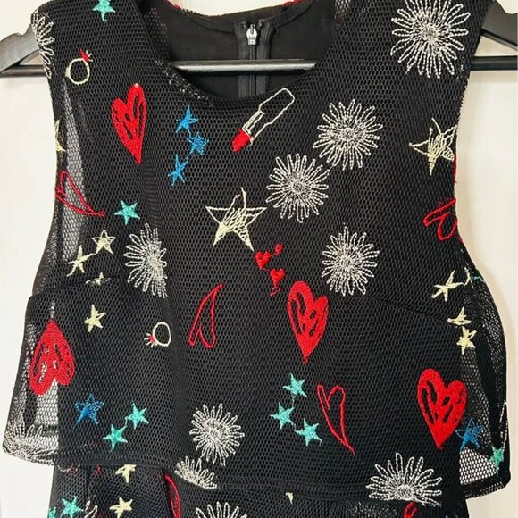 Maje Rachel Black Mesh Mini Dress - Embroidered Hearts & Lipsticks, Size S small - Picture 5 of 10